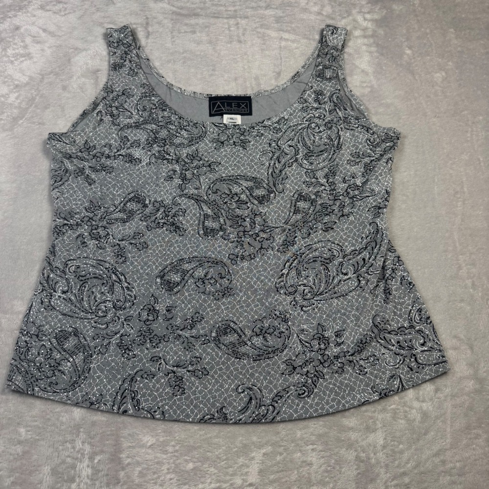 Alex Evenings Womens Tank Top Size XL Silver Black Paisley Sparkle Party